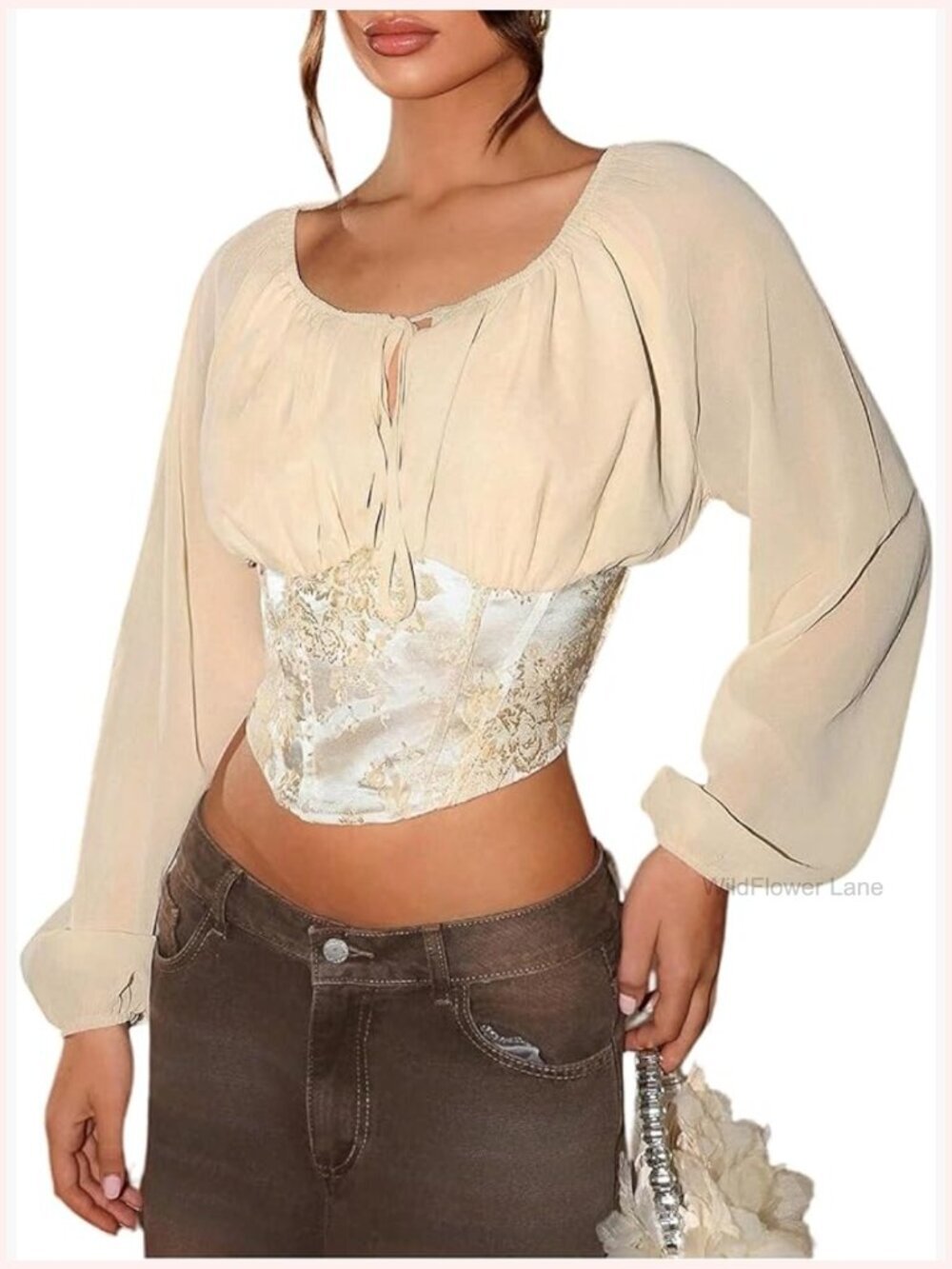 Vintage Tie Front Chiffon Corset Peasant Blouse Cinched Waist Going Out Top